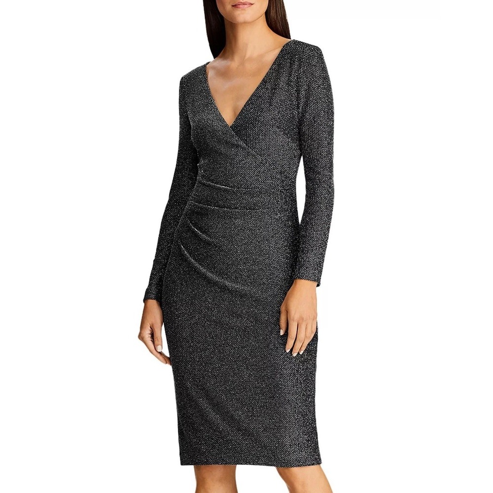 Lauren‎ Ralph Lauren Women's Metallic Faux-Wrap Dress Black Silver Size 8 Party